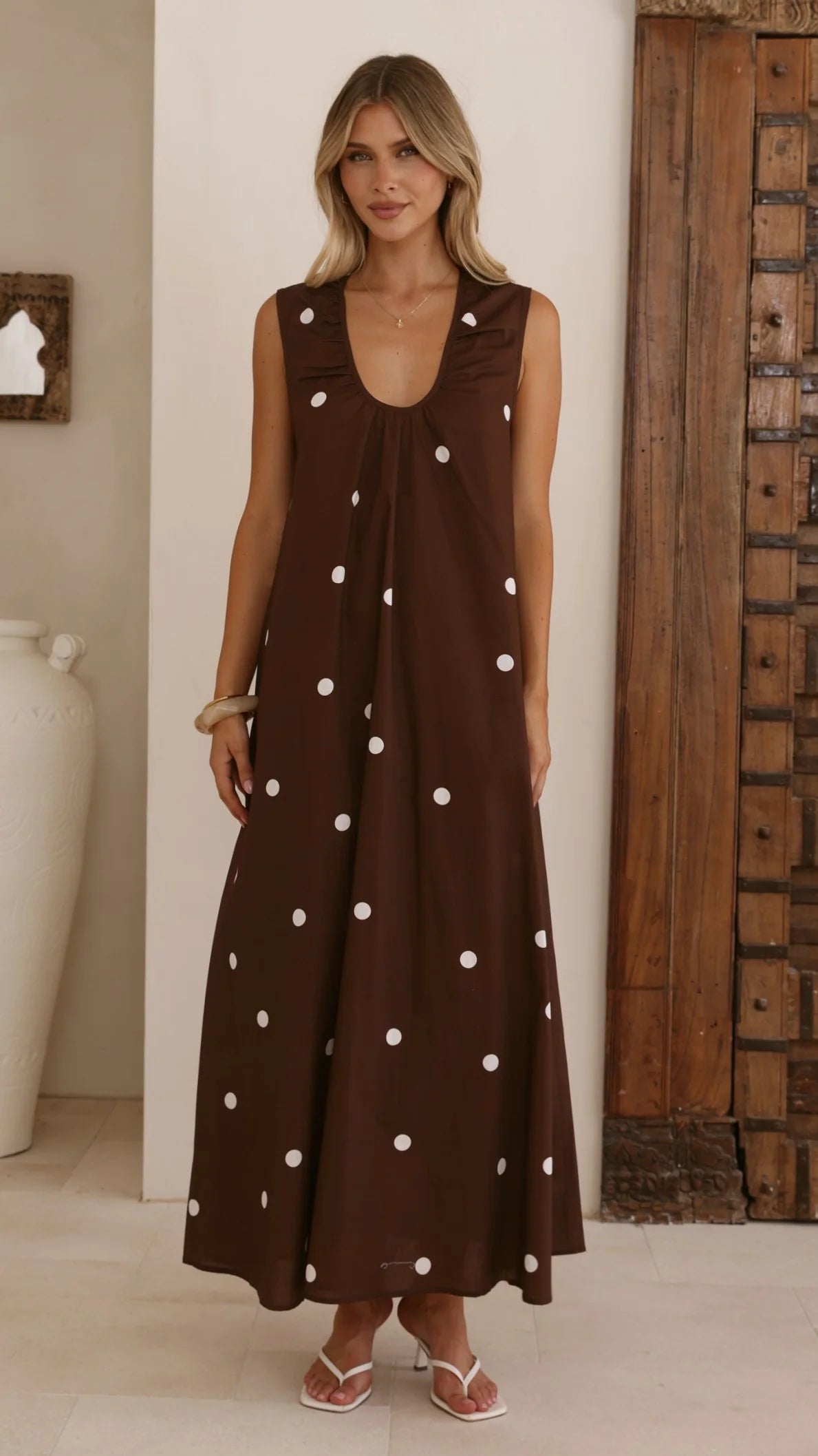 Scout Maxi Dress Chocolate White Polka