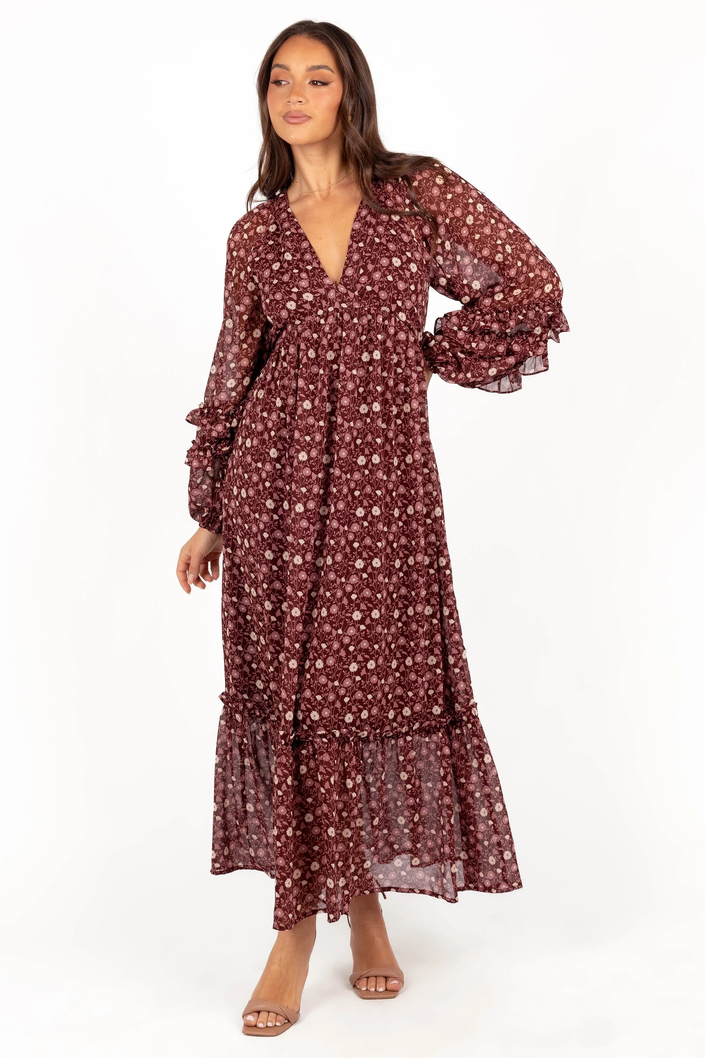 Evian Long Sleeve Maxi Dress Burgundy Multi