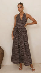 Rachel Tie Back Maxi Dress Chocolate White Spot