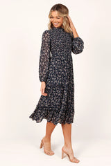 Edwina Shirred Frill Long Sleeve Midi Dress Navy Floral