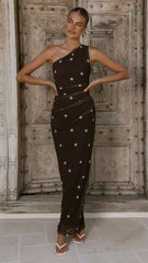 Cataleya Maxi Dress Brown Blue Polka Dot