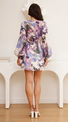 Jemma Long Sleeve Mini Dress Purple Abstract