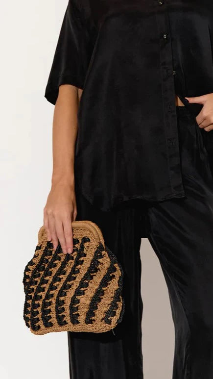 Eadie Crochet Weave Framed Clutch Black Natural