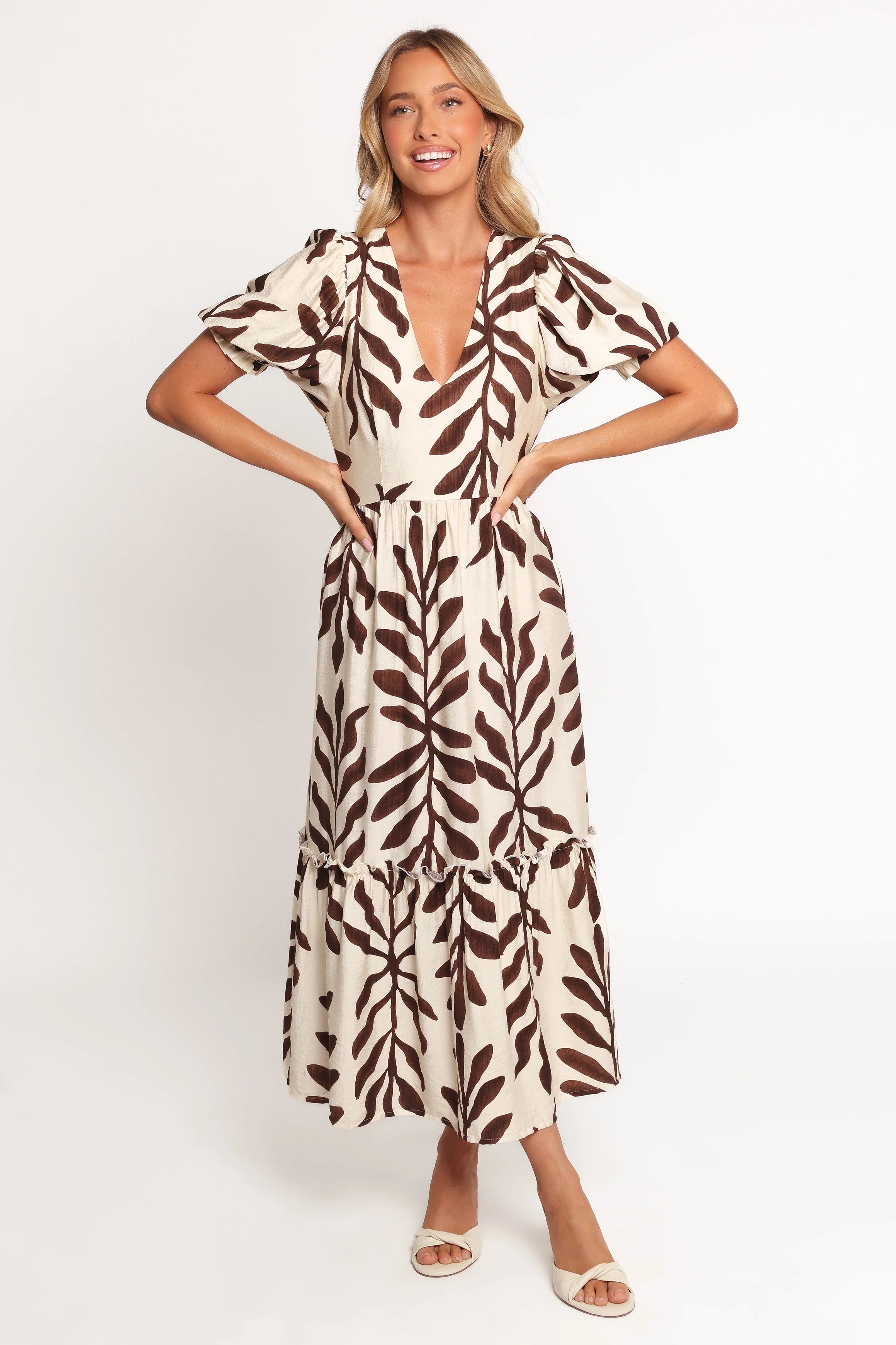 Steele Puff Sleeve Midi Dress Brown Palm