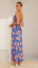 Verity One Shoulder Maxi Dress Orange Blue Floral