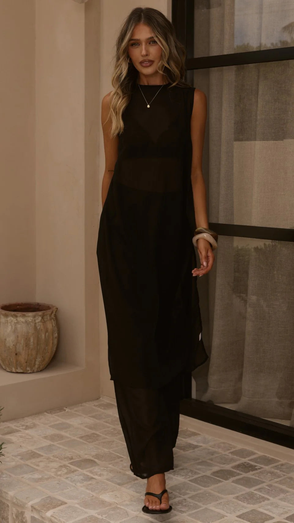 Zaire Long Line Sheer Top and Pants Set Black