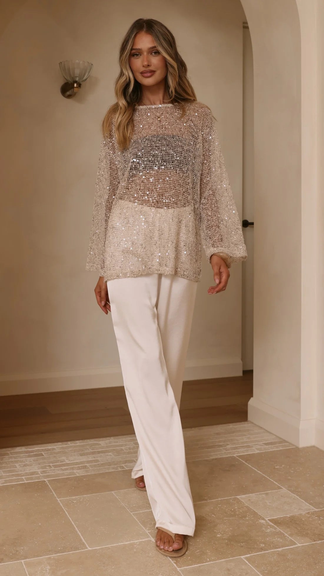 Zahni Sequins Long Sleeve Top Beige