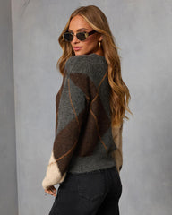 Smoky Cedar Contrast Argyle Print Crew Neck Sweater