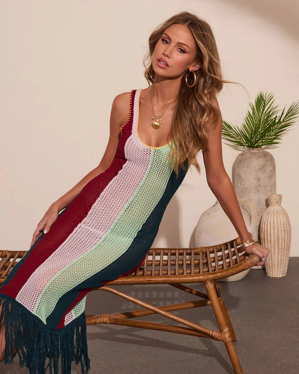Marrion Striped Open Knit Fringe Cover Up Maxi Dress