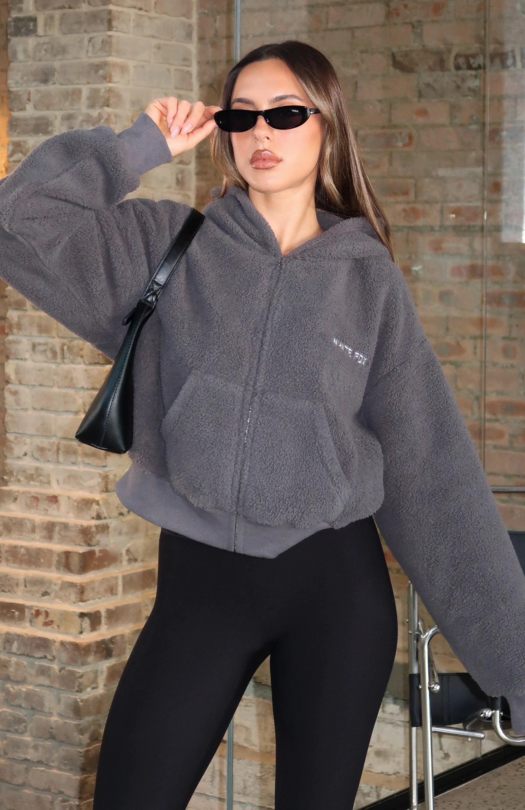 Always First Teddy Borg Boxy Zip Front Hoodie Charcoal