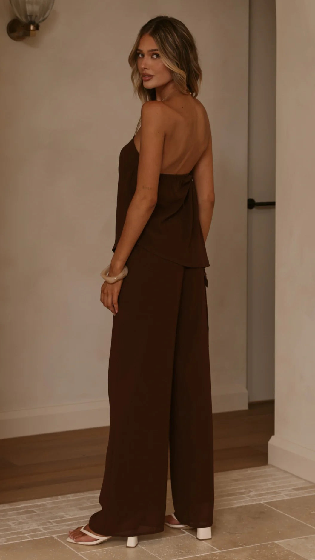 Zabrina Semi Sheer Strapless Top and Pants Set Chocolate